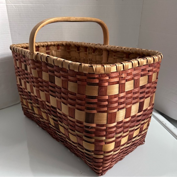 Vintage Woven Splint Basket With Fixed Wooden Handle - Picture 5 of 8